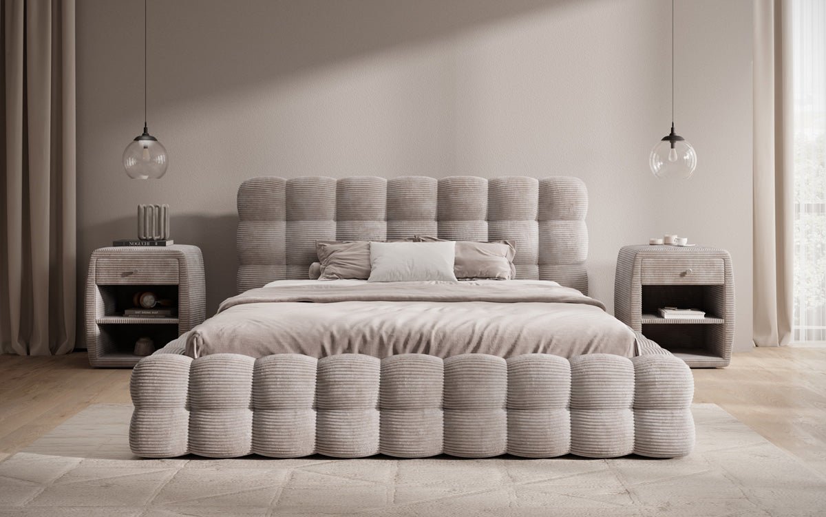 Designer Polsterbett Calimo in Cord mit Stauraum