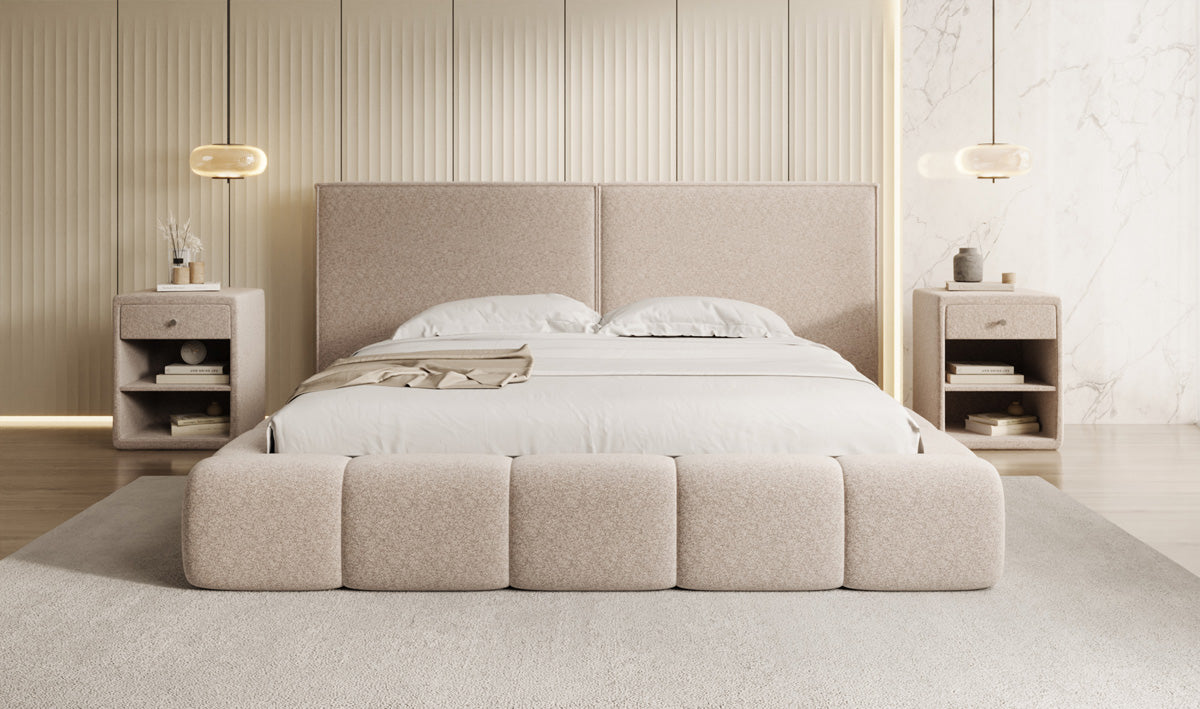 Designer Polsterbett Elise in Strukturstoff mit Stauraum