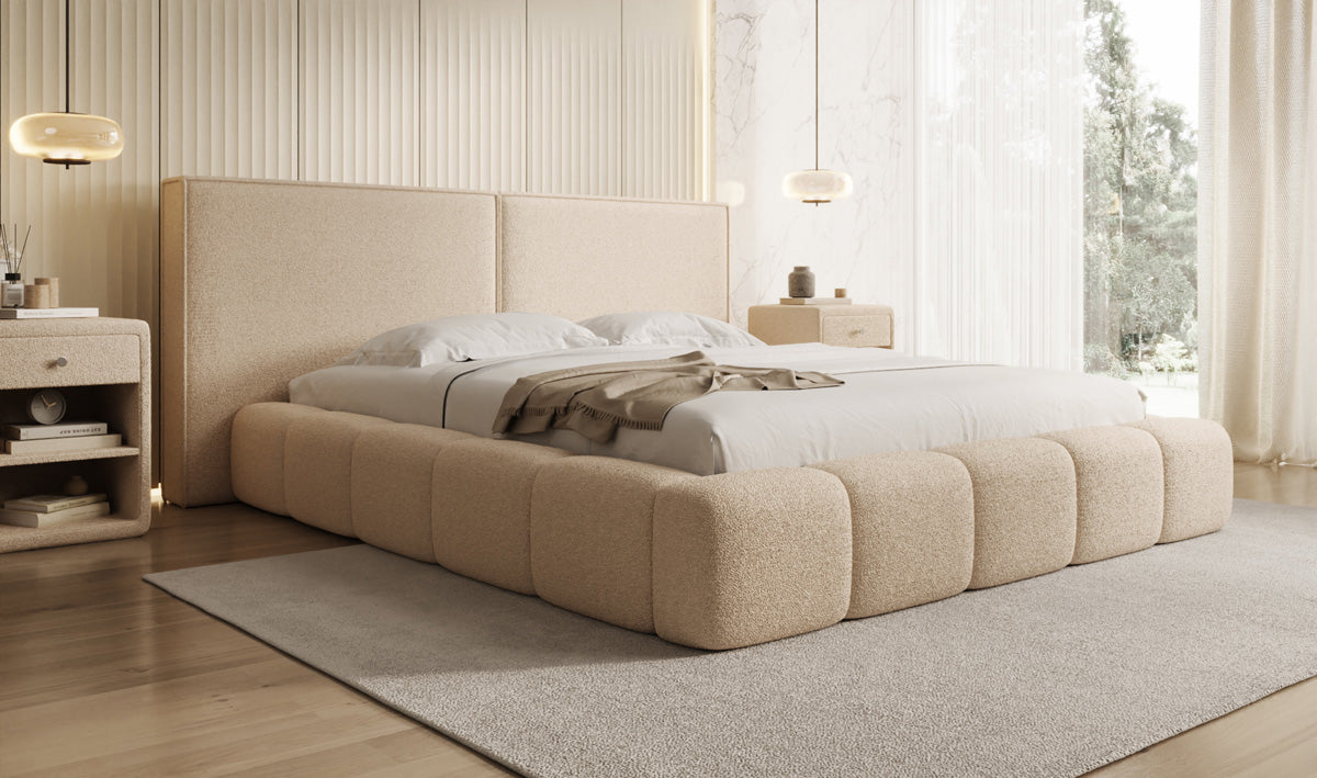 Designer Polsterbett Elise in Teddy Bouclé mit Stauraum