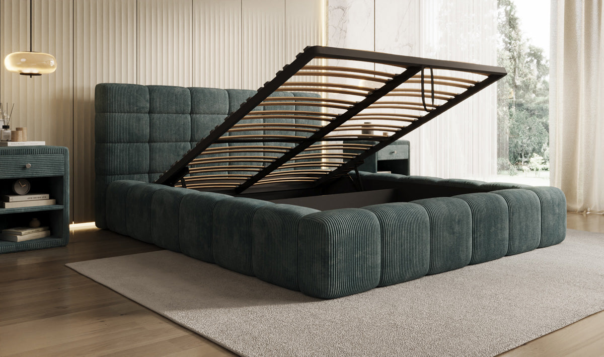 Designer Polsterbett Marshmallow in Cord mit Stauraum