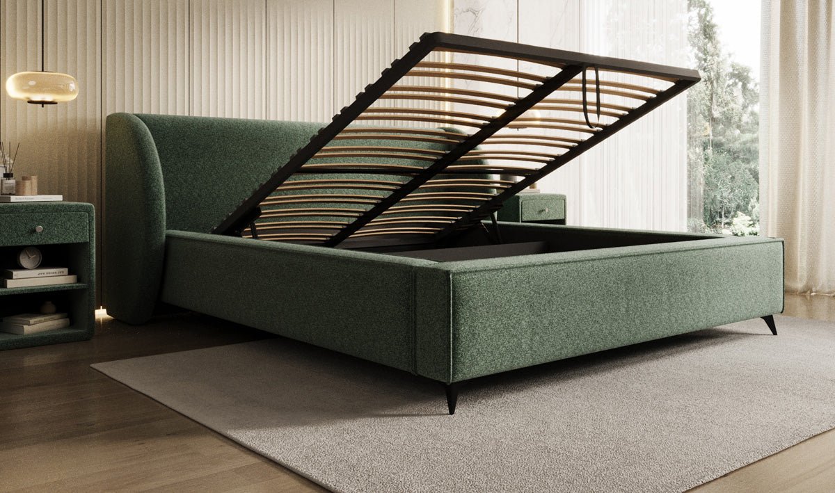 Designer Polsterbett Freya in Strukturstoff mit Stauraum