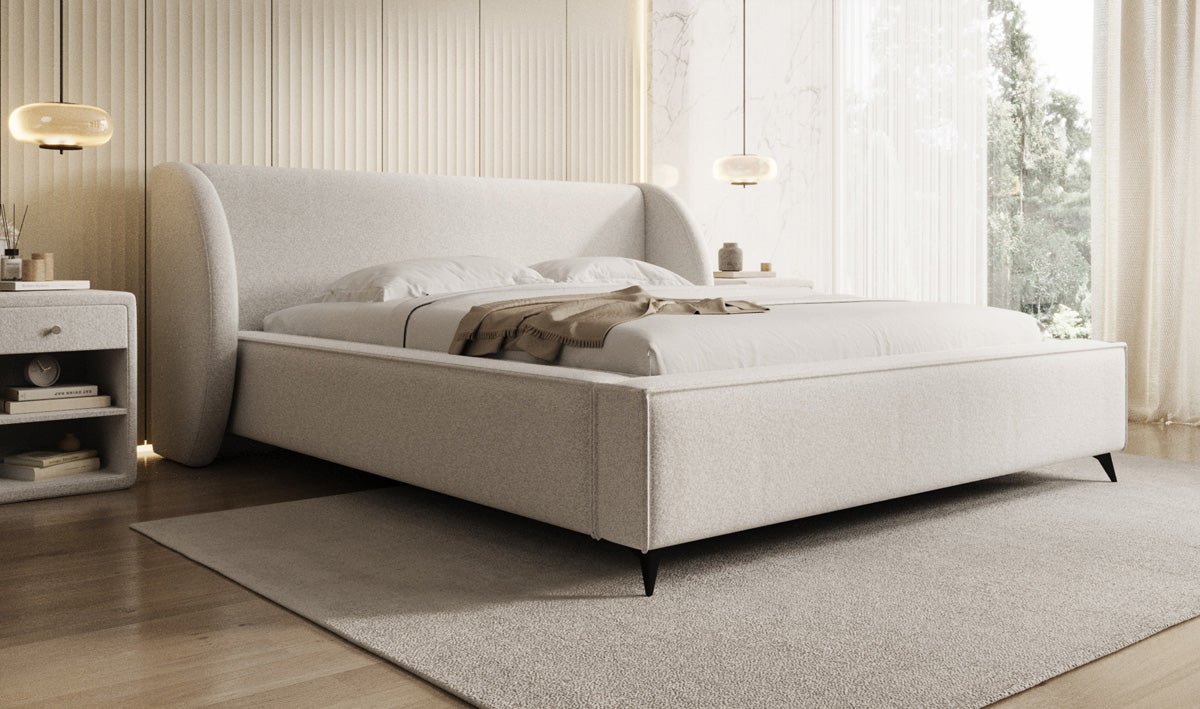 Designer Polsterbett Freya in Strukturstoff mit Stauraum