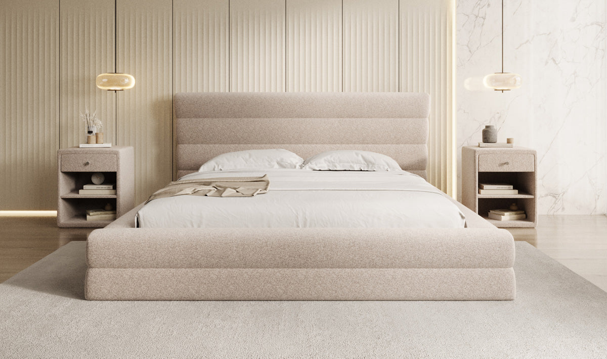 Designer Polsterbett Maren in Strukturstoff mit Stauraum