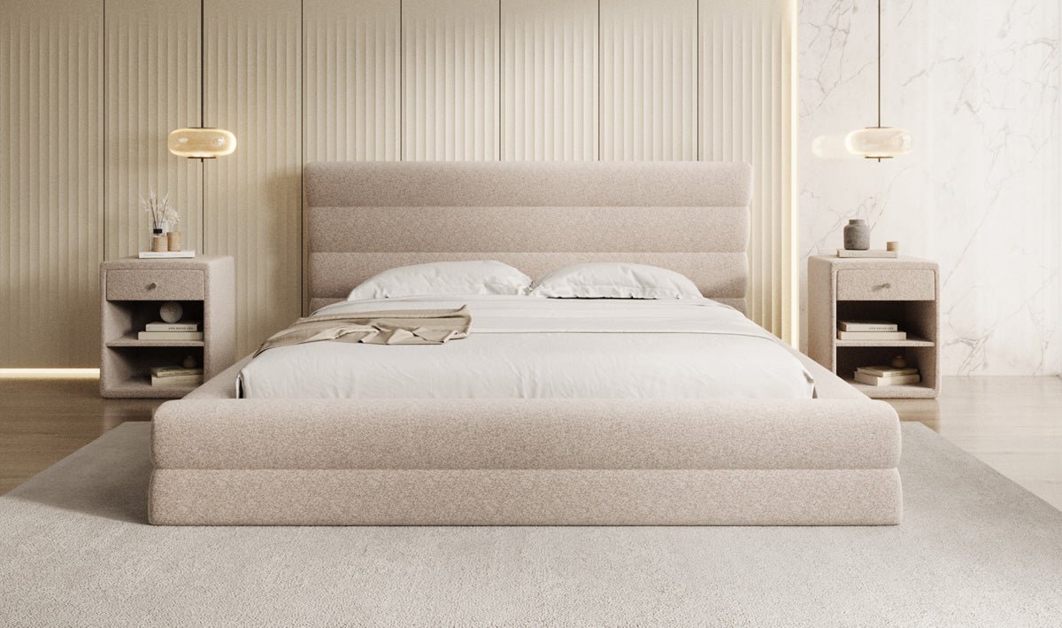Designer Polsterbett Maren in Strukturstoff mit Stauraum