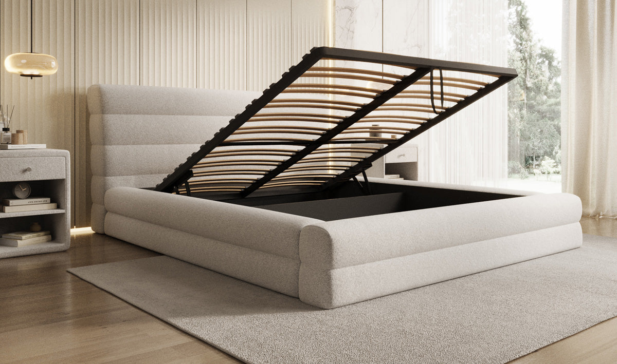 Designer Polsterbett Maren in Strukturstoff mit Stauraum