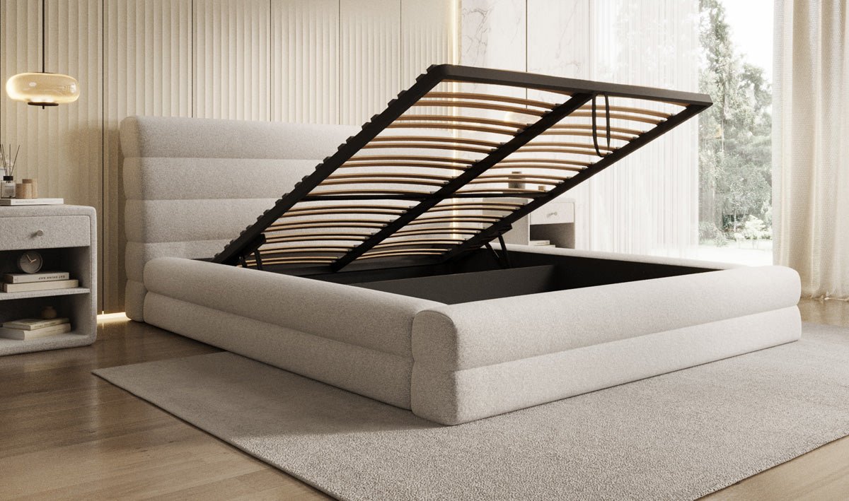 Designer Polsterbett Maren in Strukturstoff mit Stauraum