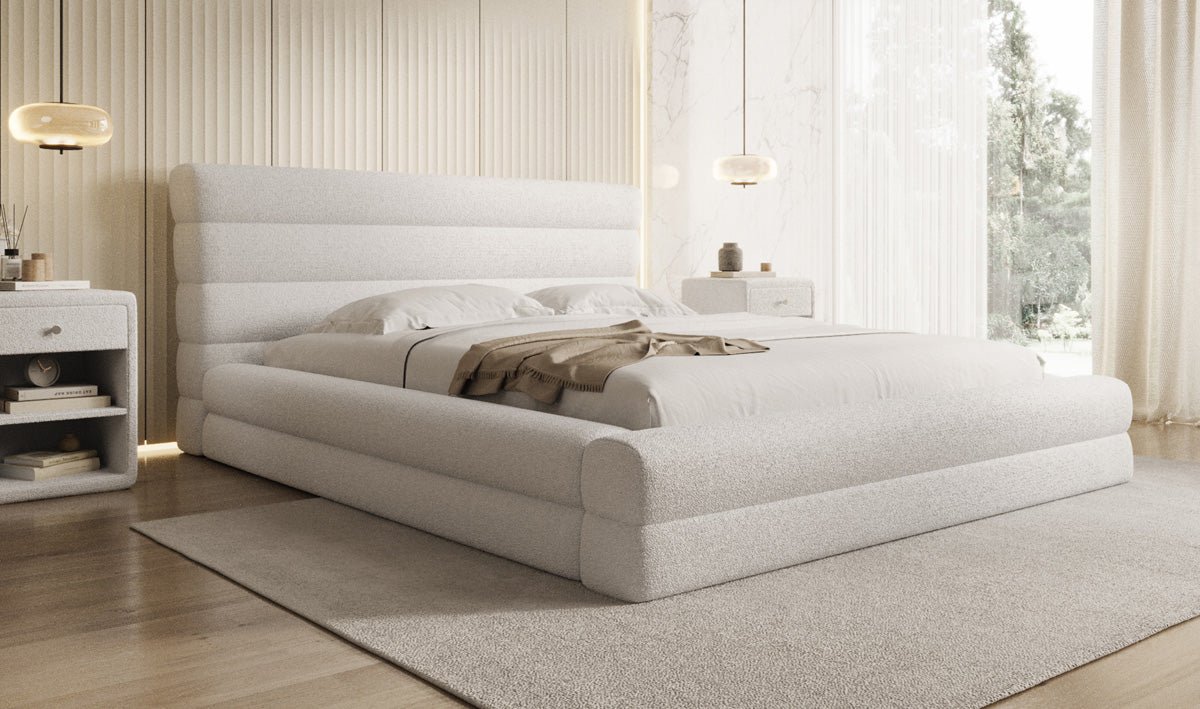 Designer Polsterbett Maren in Teddy Bouclé mit Stauraum