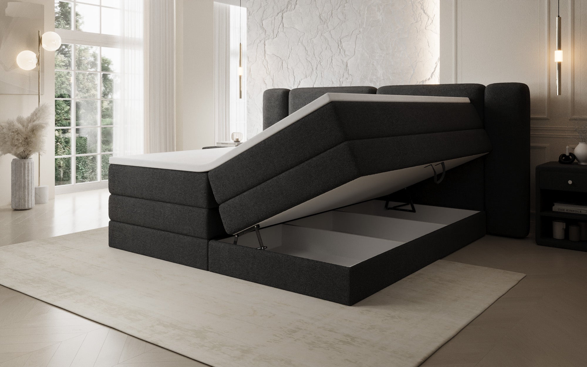 Boxspringbett Leni mit hochklappbarem Stauraum in Teddy Bouclé