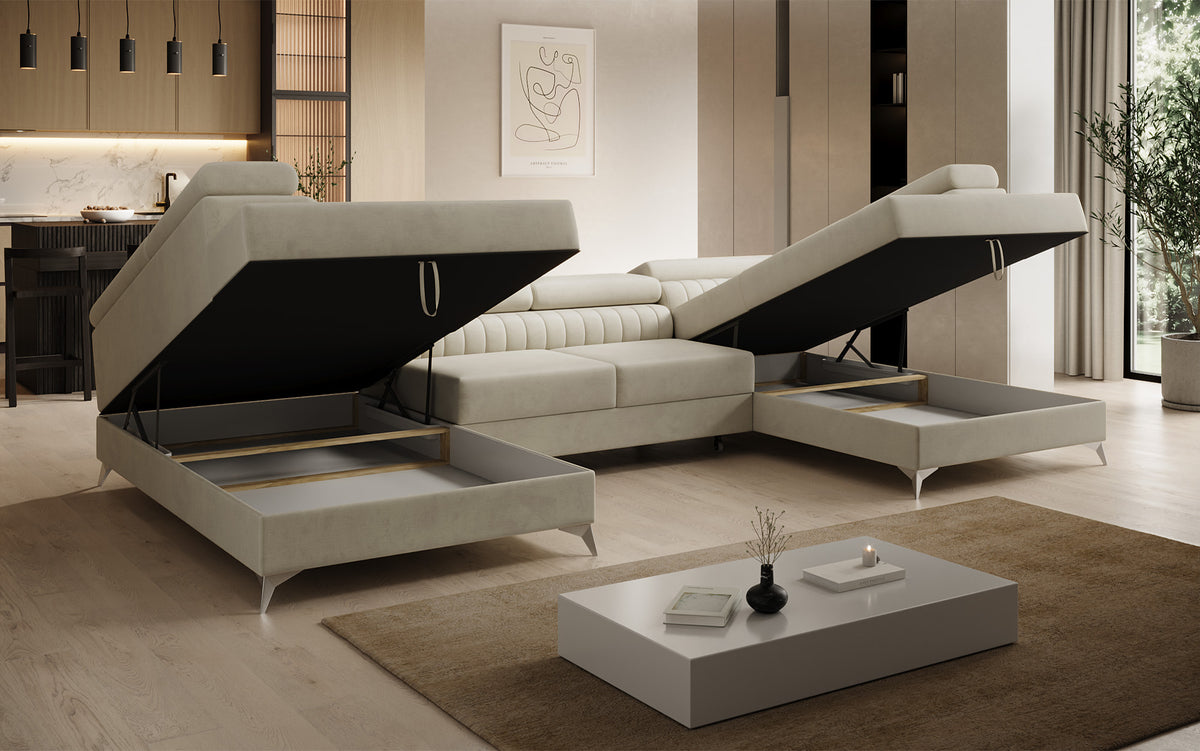 Designer Sofa Aurea U mit Schlaf- und Klappfunktion in Samt