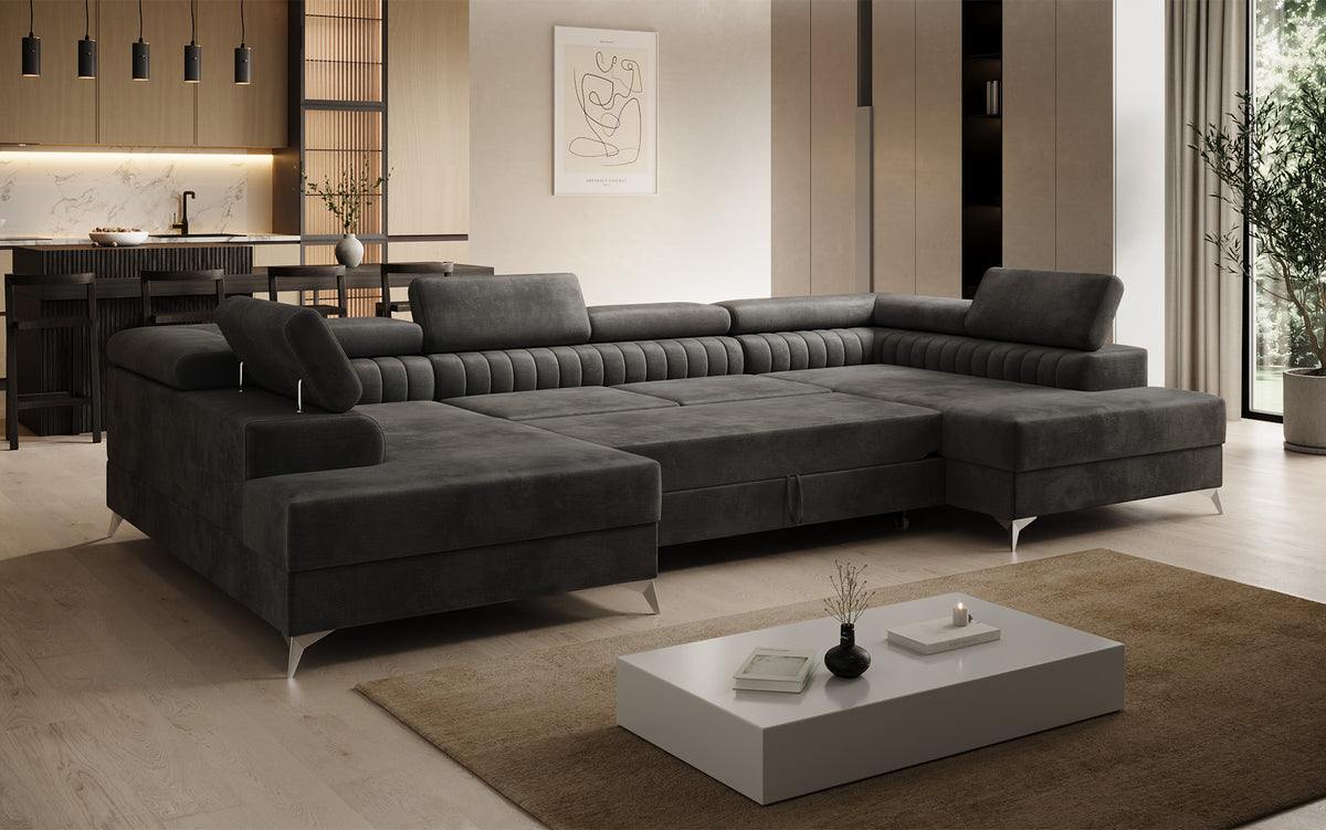 Designer Sofa Aurea U mit Schlaf- und Klappfunktion in Samt
