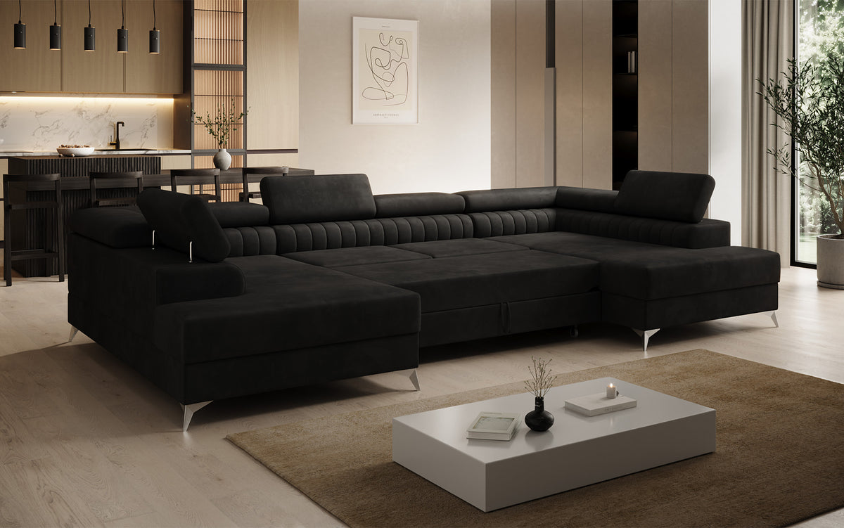 Designer Sofa Aurea U mit Schlaf- und Klappfunktion in Samt