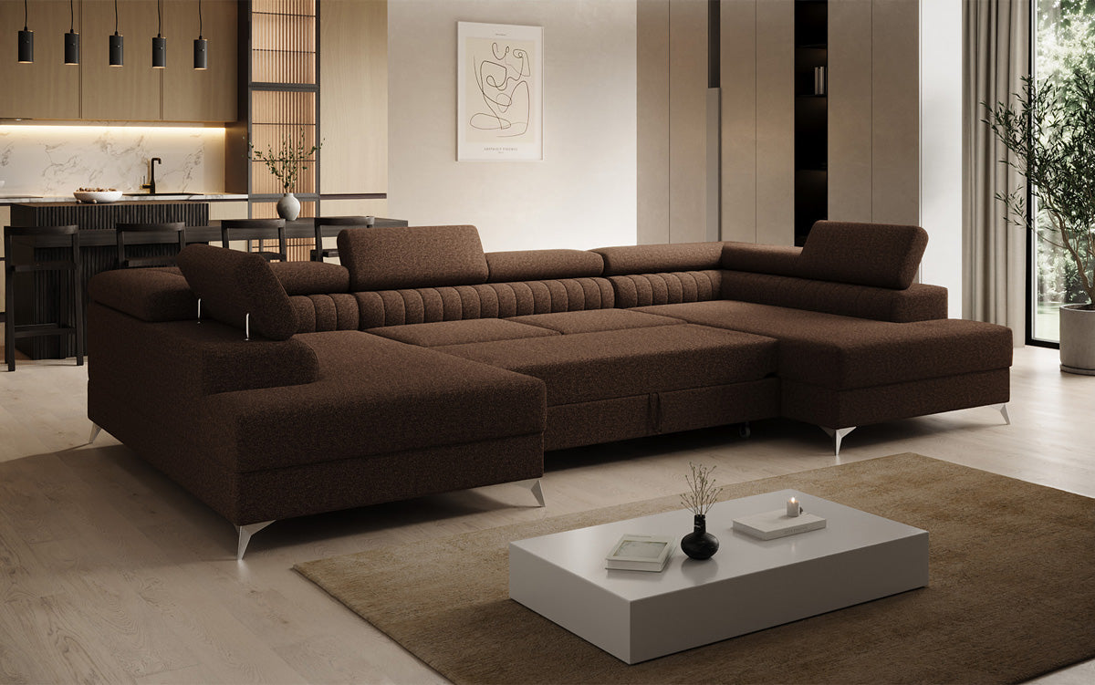 Designer Sofa Aurea U mit Schlaf- und Klappfunktion in Bouclé