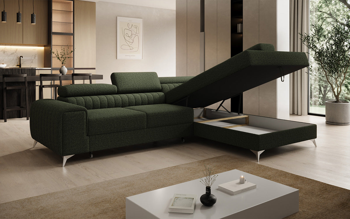 Designer Ecksofa Aurea mit Schlaf- und Klappfunktion in Bouclé