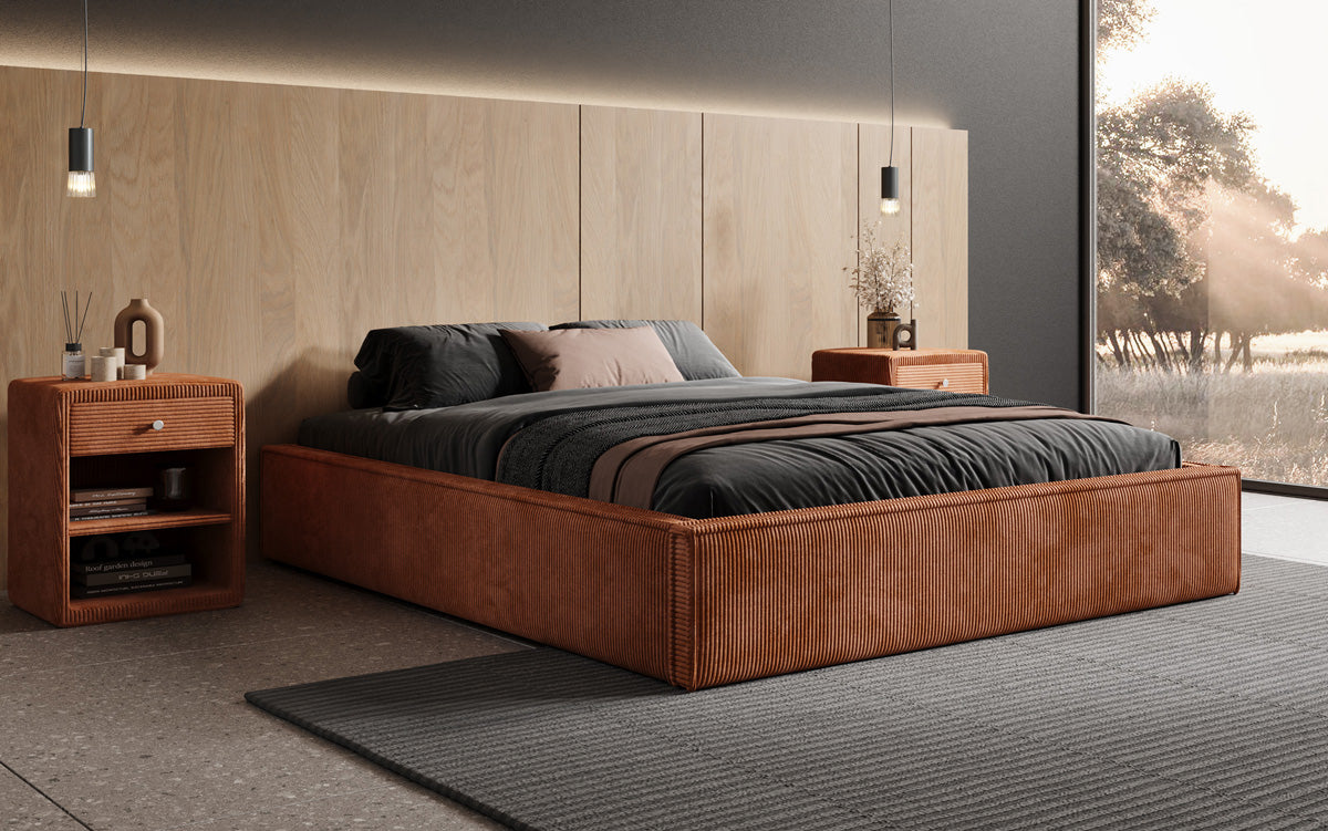 Designer Polsterbett Base mit Stauraum ohne Headboard in Cord