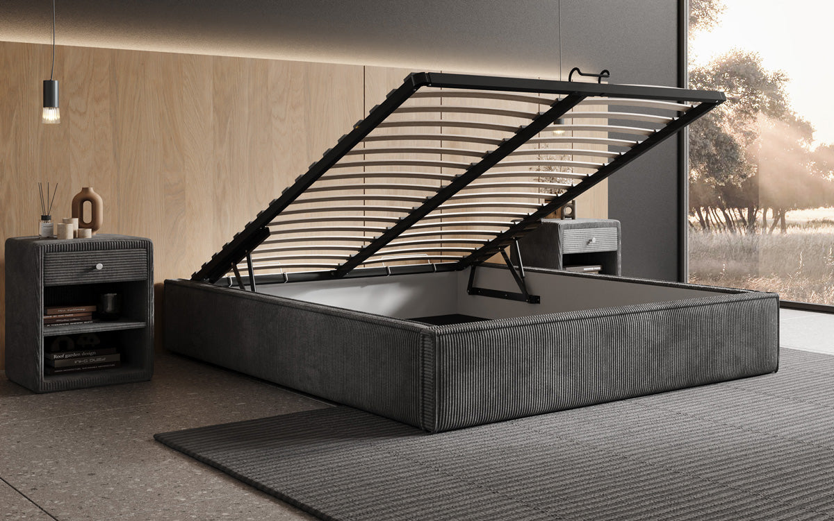 Designer Polsterbett Base mit Stauraum ohne Headboard in Cord
