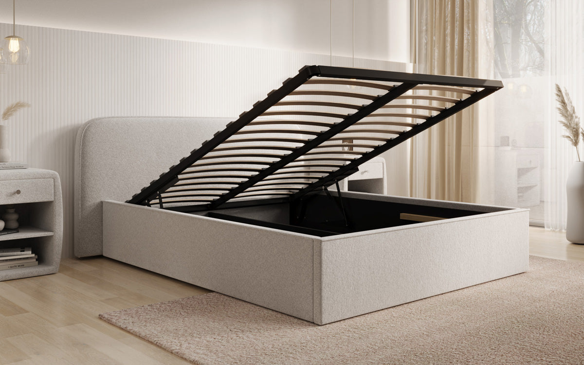 Designer Polsterbett Nola in Strukturstoff mit Stauraum