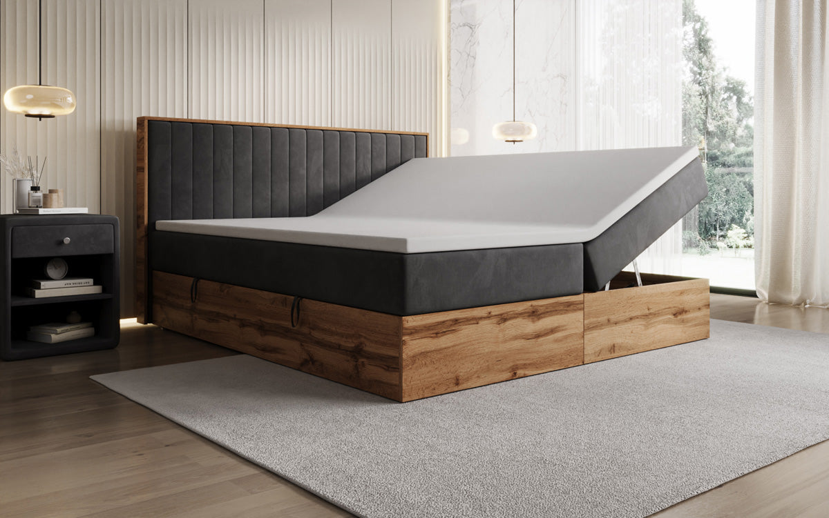 Boxspringbett Timber Line mit Stauraum in Samt