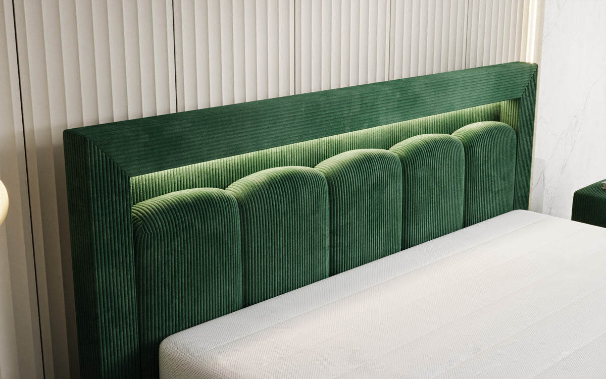 Designer Polsterbett Lume in Cord mit Stauraum und RGB Beleuchtung