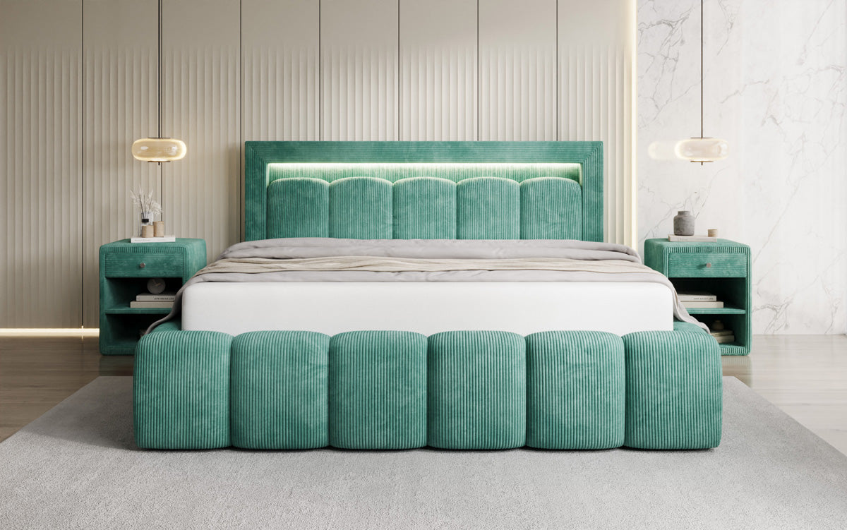 Designer Polsterbett Lume in Cord mit Stauraum und RGB Beleuchtung
