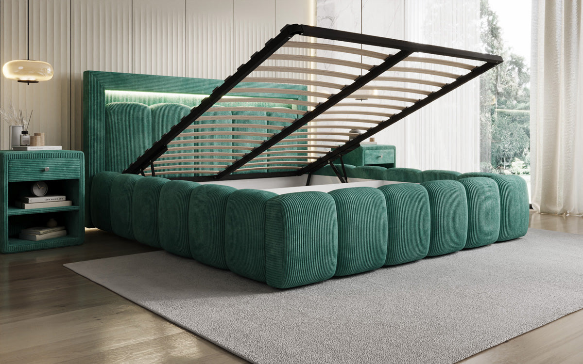 Designer Polsterbett Lume in Cord mit Stauraum und RGB Beleuchtung