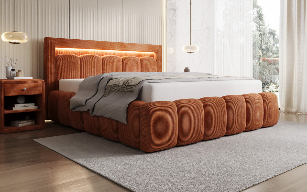 Designer Polsterbett Lume in Cord mit Stauraum und RGB Beleuchtung