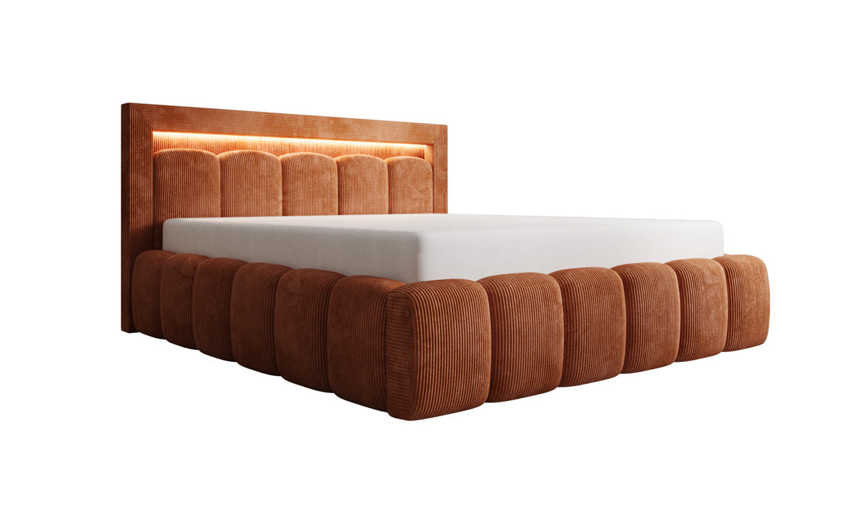 Designer Polsterbett Lume in Cord mit Stauraum und RGB Beleuchtung
