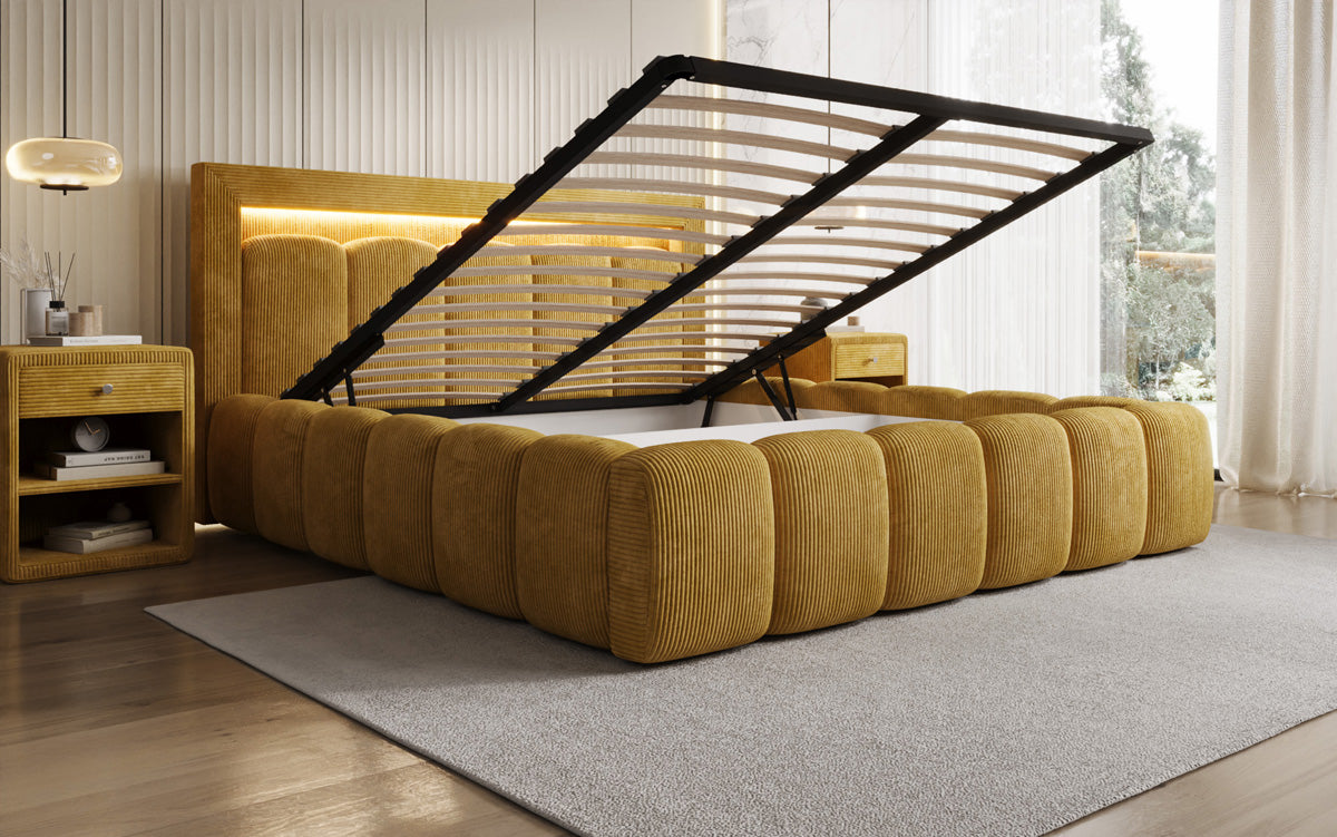 Designer Polsterbett Lume in Cord mit Stauraum und RGB Beleuchtung