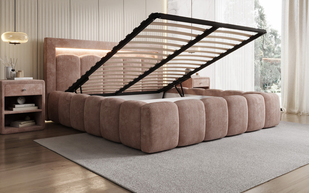 Designer Polsterbett Lume in Cord mit Stauraum und RGB Beleuchtung