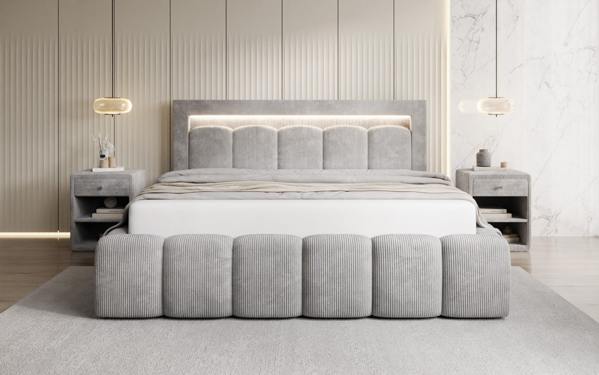 Designer Polsterbett Lume in Cord mit Stauraum und RGB Beleuchtung
