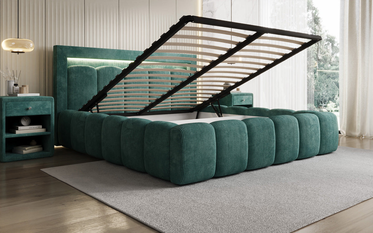 Designer Polsterbett Lume in Cord mit Stauraum und RGB Beleuchtung