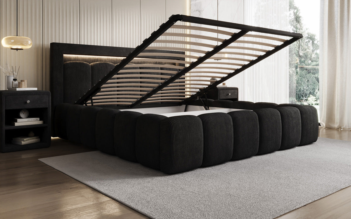 Designer Polsterbett Lume in Cord mit Stauraum und RGB Beleuchtung