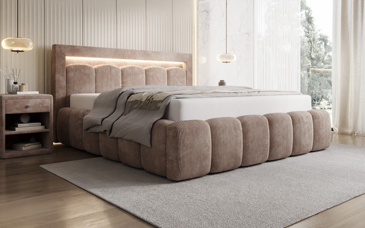 Designer Polsterbett Lume in Cord mit Stauraum und RGB Beleuchtung