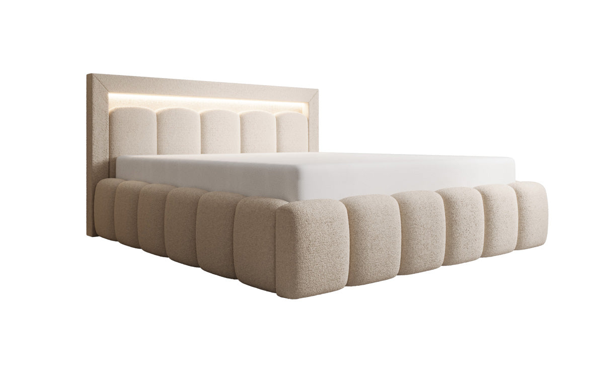 Designer Polsterbett Lume in Teddy Bouclé mit Stauraum und RGB Beleuchtung