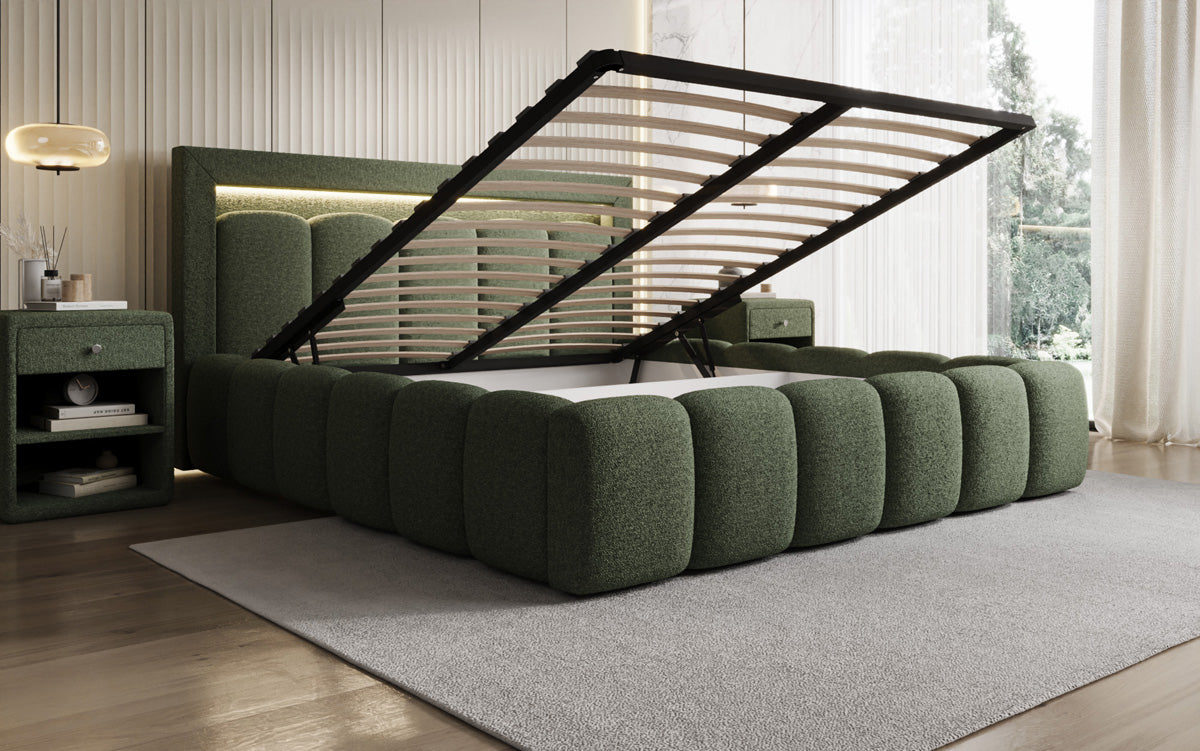 Designer Polsterbett Lume in Teddy Bouclé mit Stauraum und RGB Beleuchtung