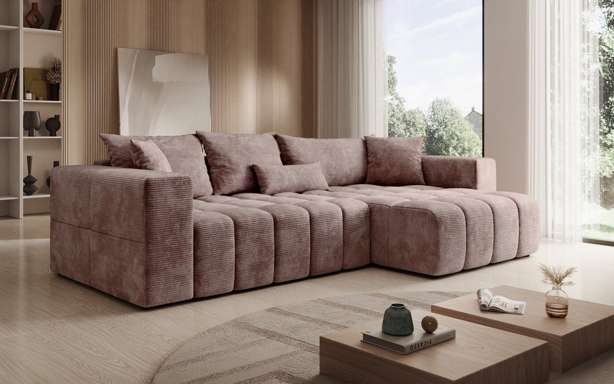 Designer Ecksofa Momo mit Schlaf- und Klappfunktion in Cord
