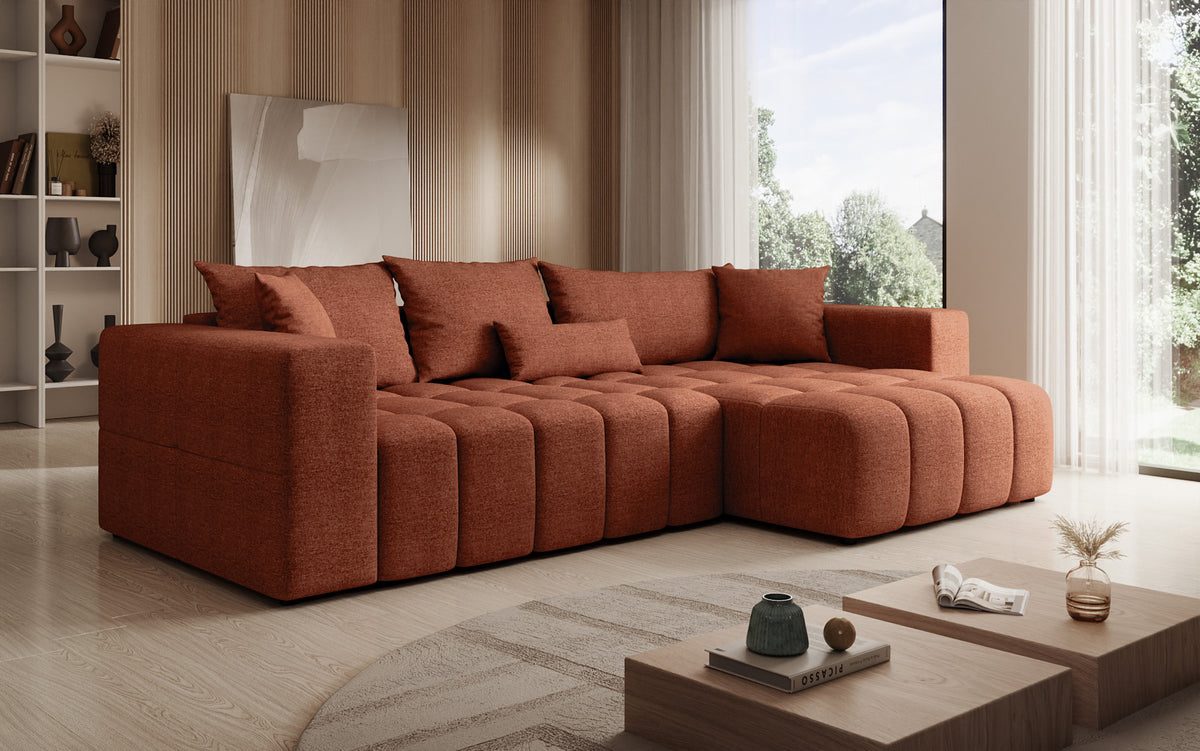 Designer Ecksofa Momo mit Schlaf- und Klappfunktion in Strukturstoff