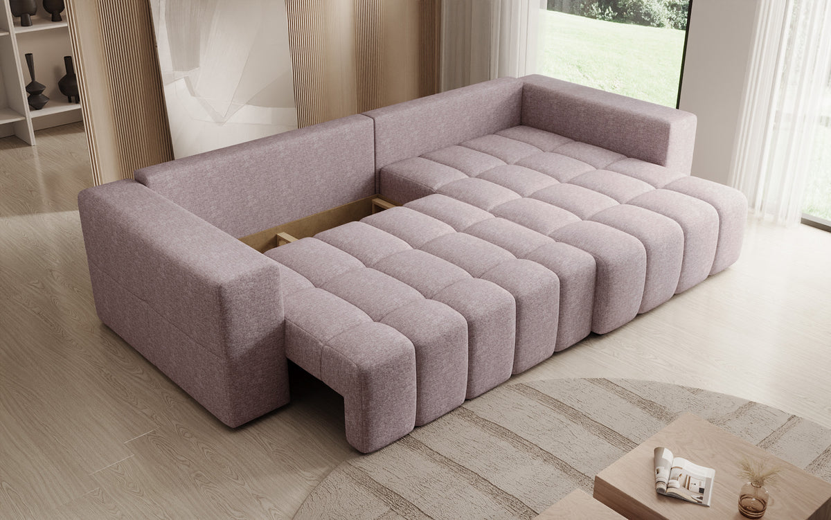 Designer Ecksofa Momo mit Schlaf- und Klappfunktion in Strukturstoff