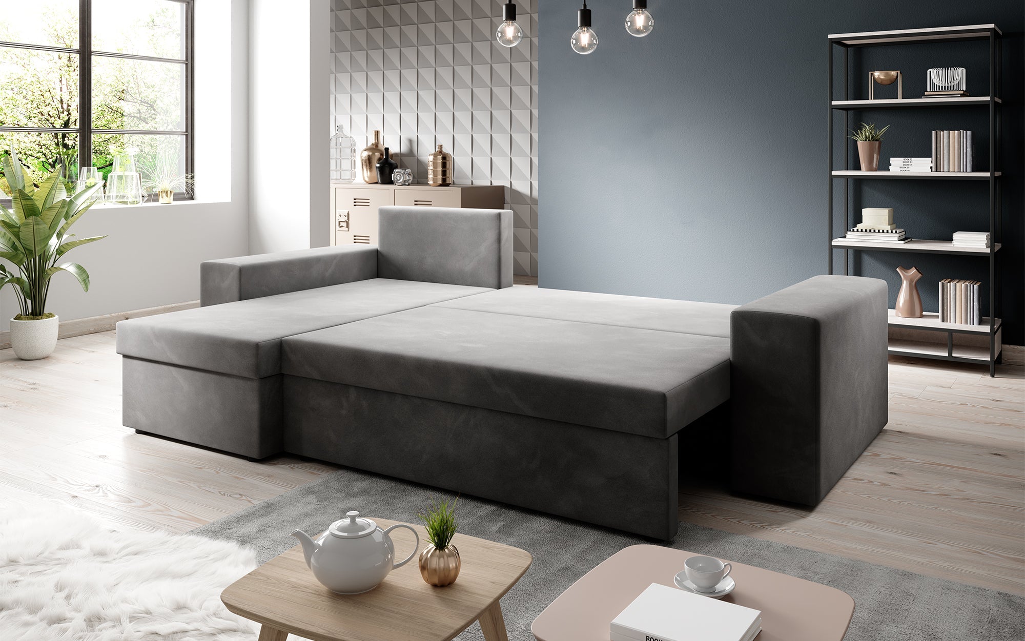 Designer Sofa Denver Bouclé mit Schlaf- und Klappfunktion