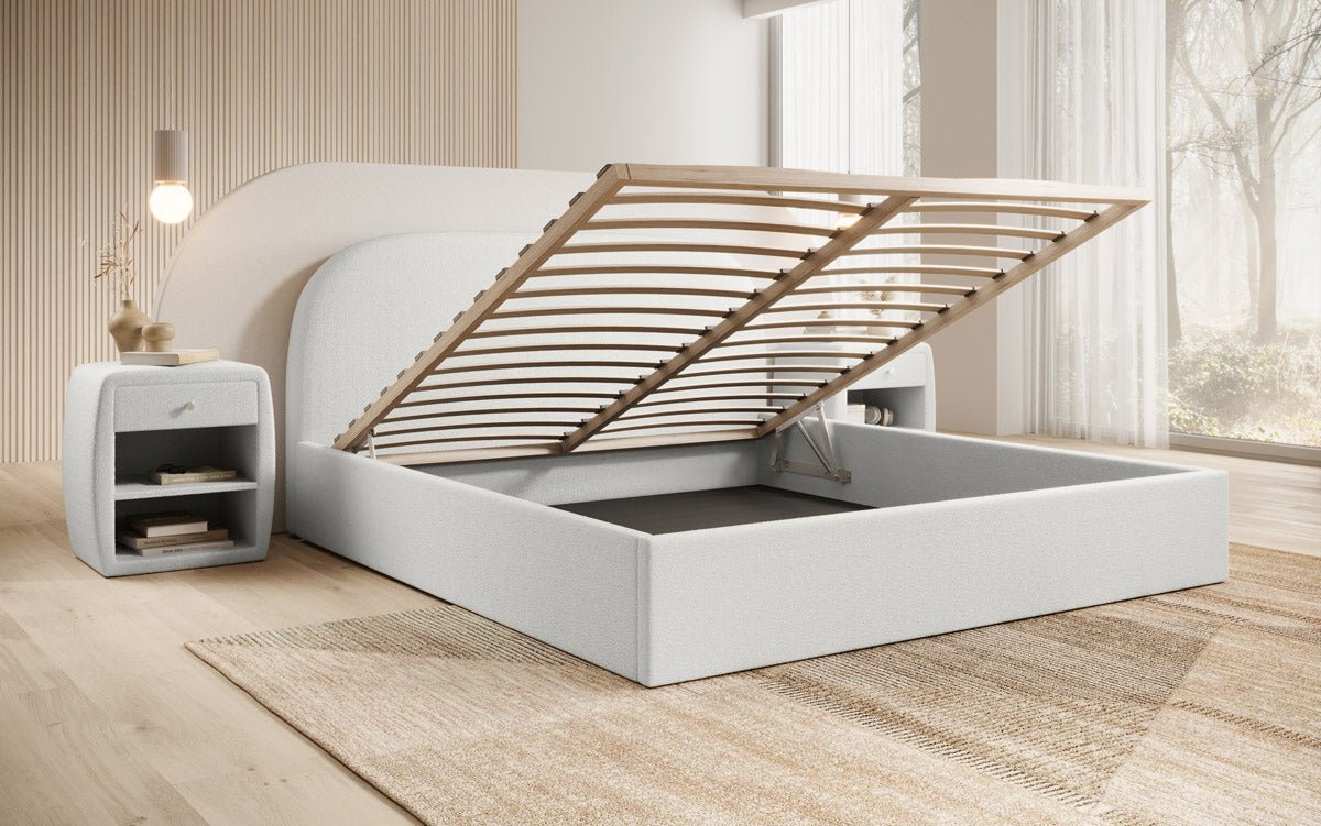 Designer Polsterbett Lorelei in Bouclé mit Stauraum