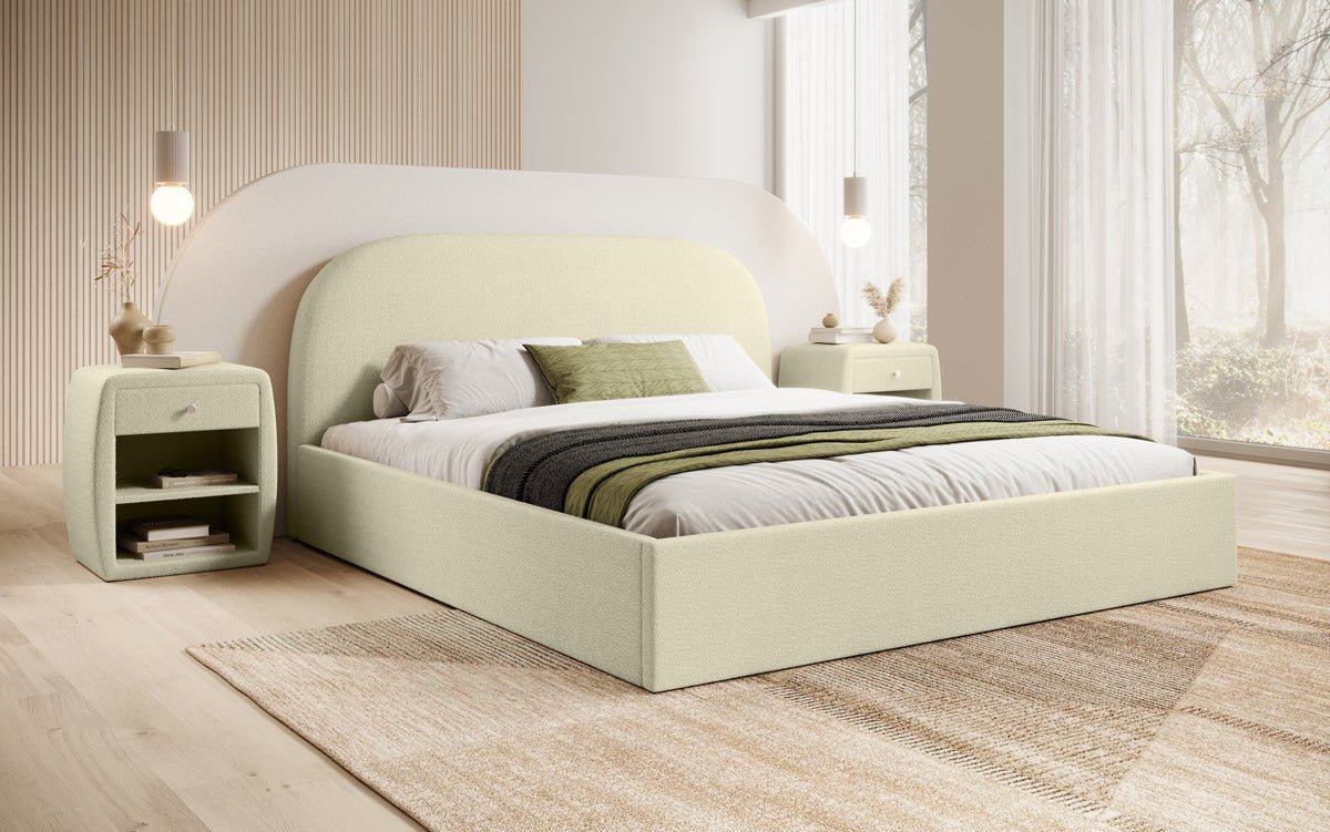 Designer Polsterbett Lorelei in Bouclé mit Stauraum