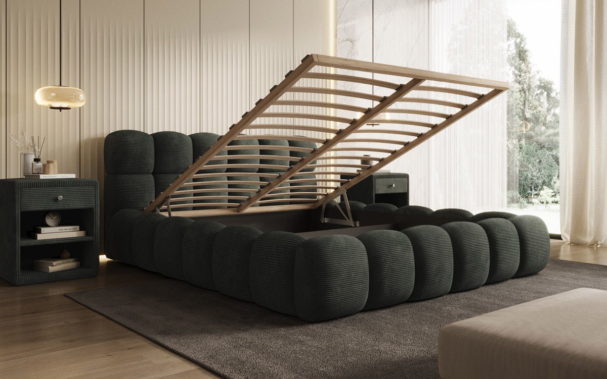 Designer Polsterbett Boston Cord mit Stauraum inkl. Aufbau