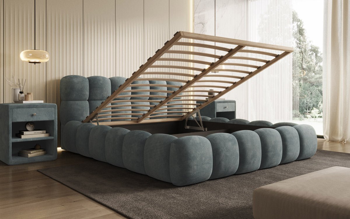 Designer Polsterbett Boston Cord mit Stauraum inkl. Aufbau