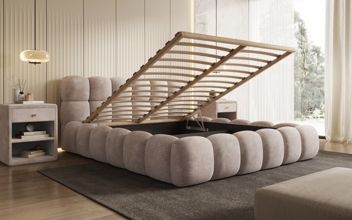 Designer Polsterbett Boston Cord mit Stauraum inkl. Aufbau