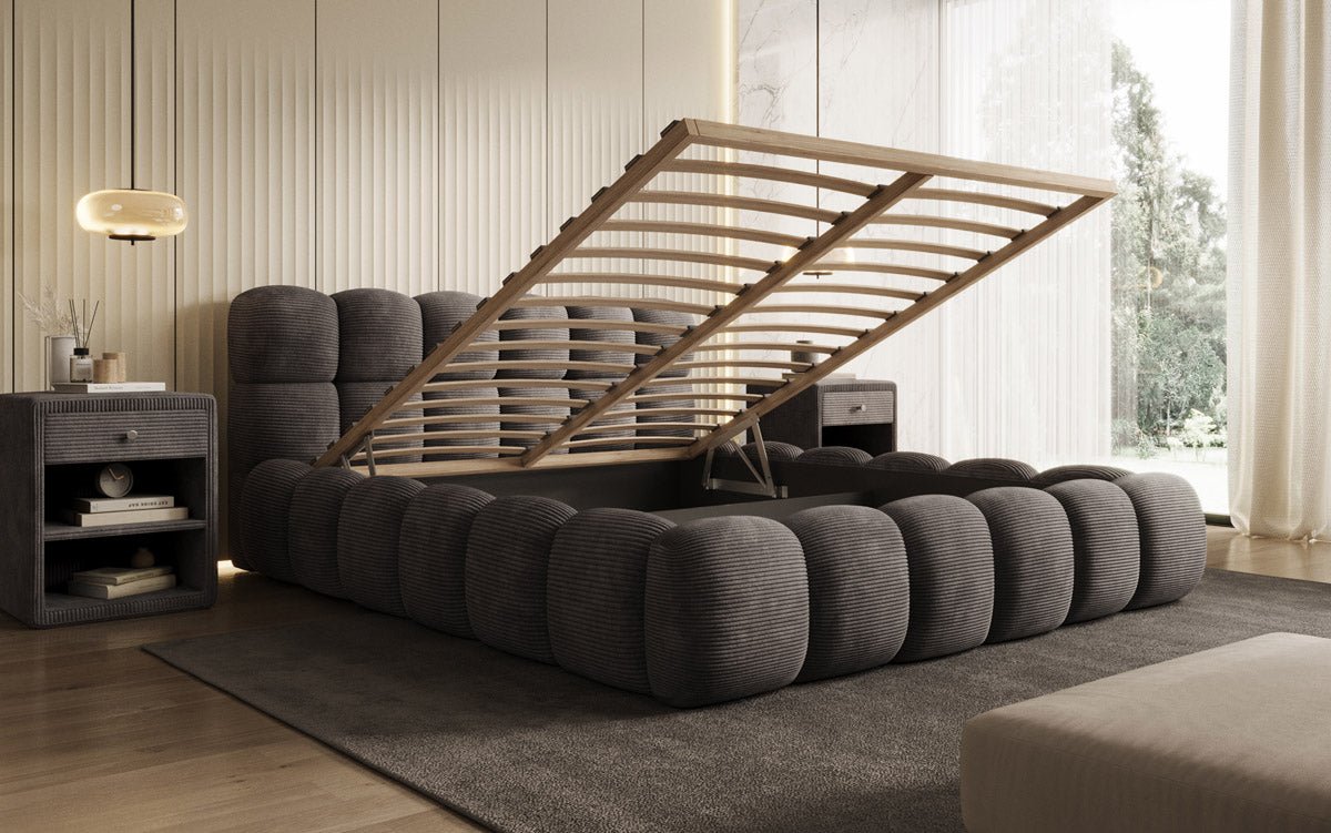 Designer Polsterbett Boston Cord mit Stauraum inkl. Aufbau