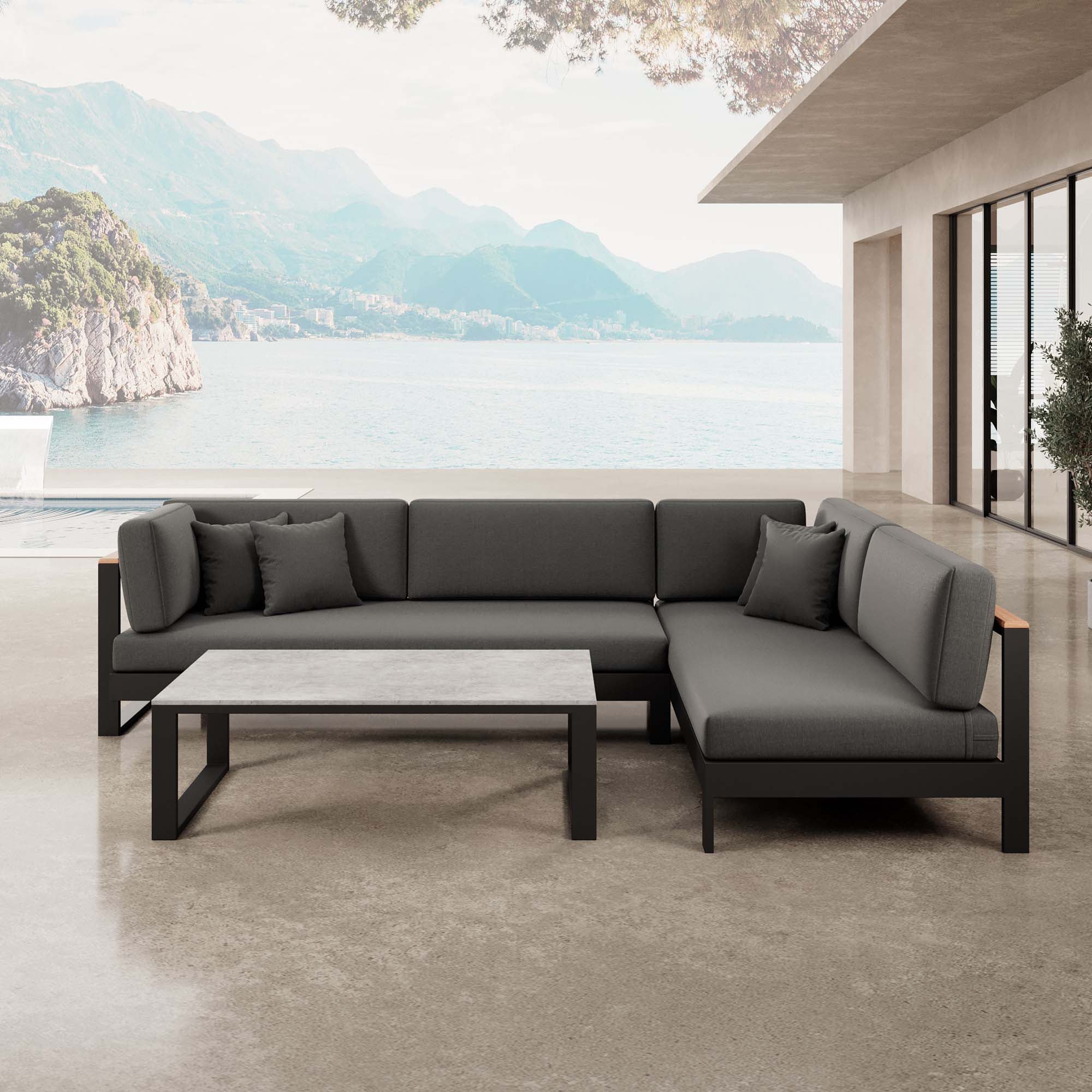 Vayla – Ecklounge, Ecksofa & Tisch aus schwarzem Aluminium | Aevora™ Kollektion