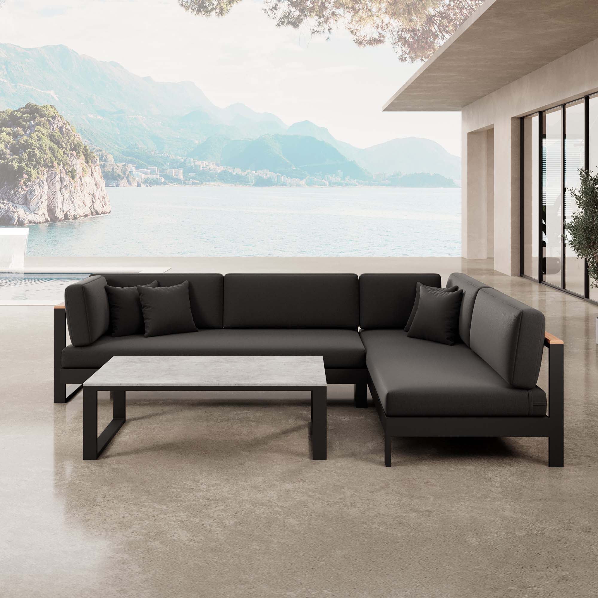 Vayla – Ecklounge, Ecksofa & Tisch aus schwarzem Aluminium | Aevora™ Kollektion