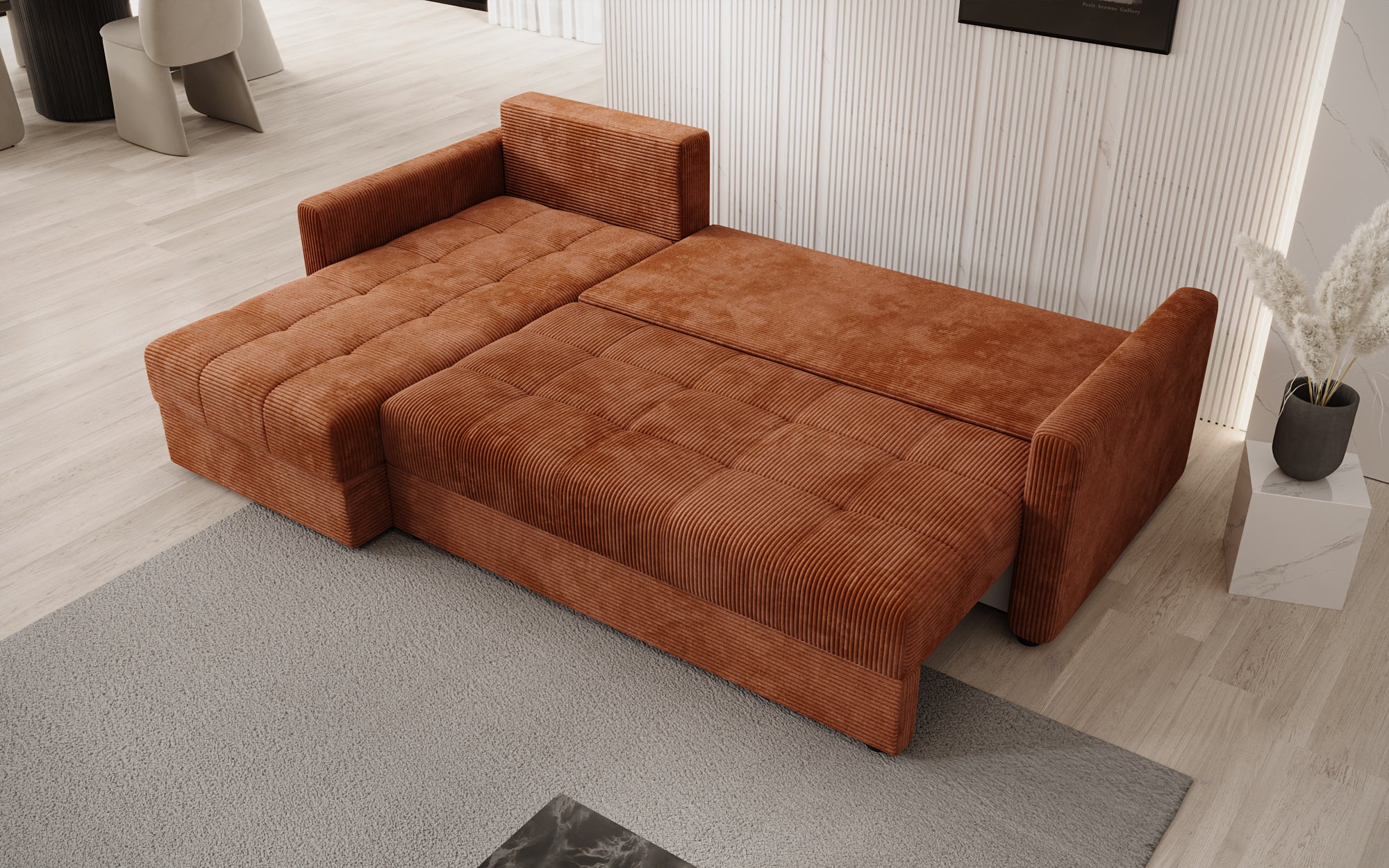 Designer Sofa Roma in Cord mit Schlaf- und Klappfunktion