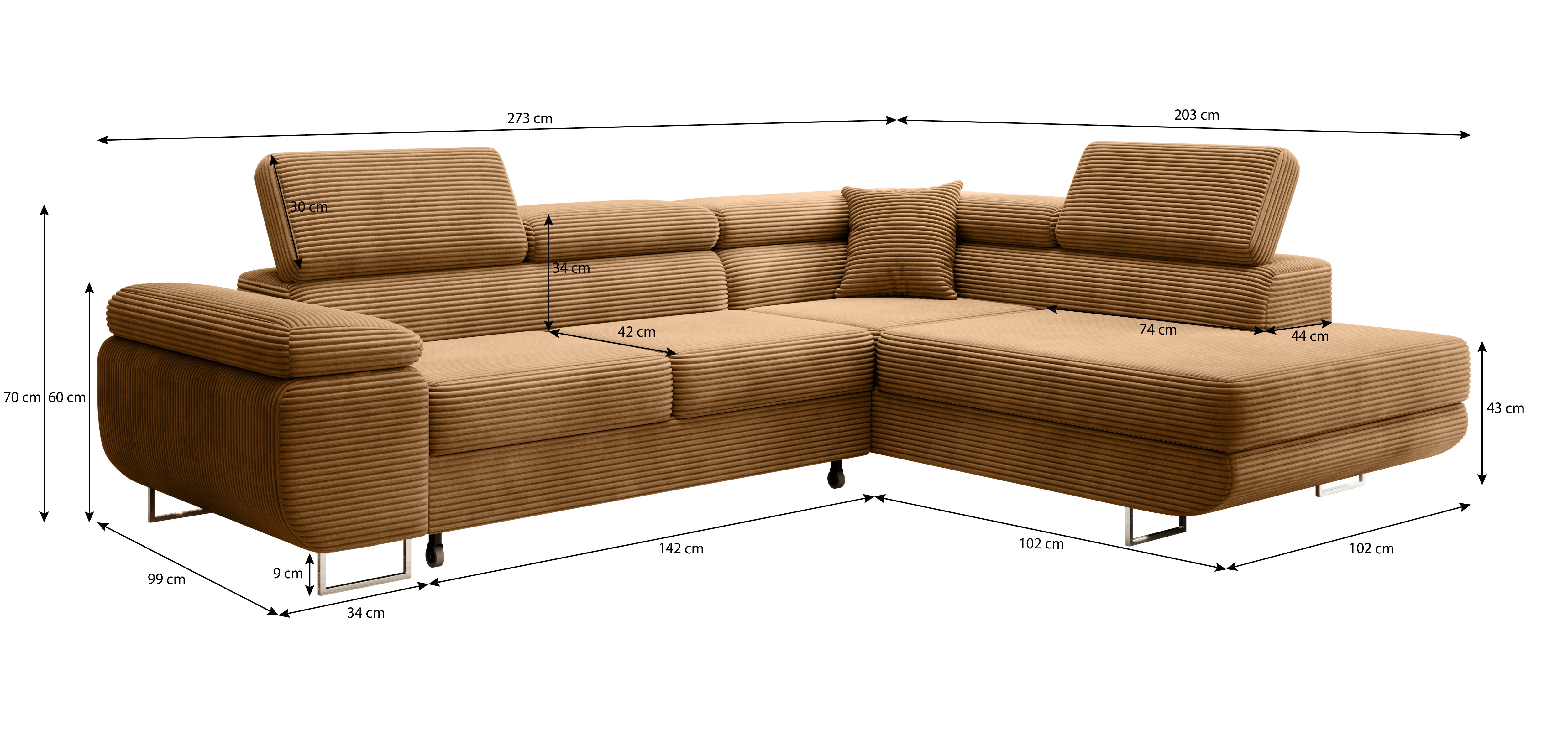 Designer Sofa Aston mit Schlaf- und Klappfunktion aus Cord