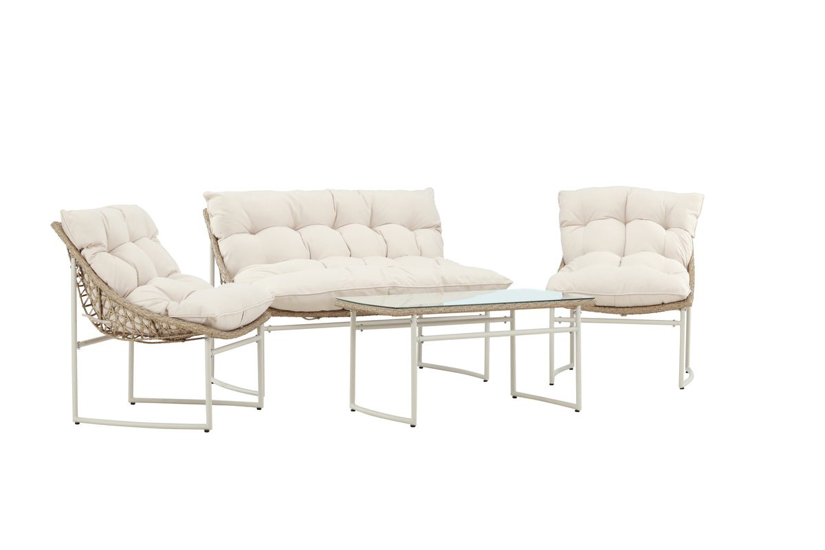 Garten Loungeset Alisa – 4-teilig mit Glastisch & beigen Sitzkissen