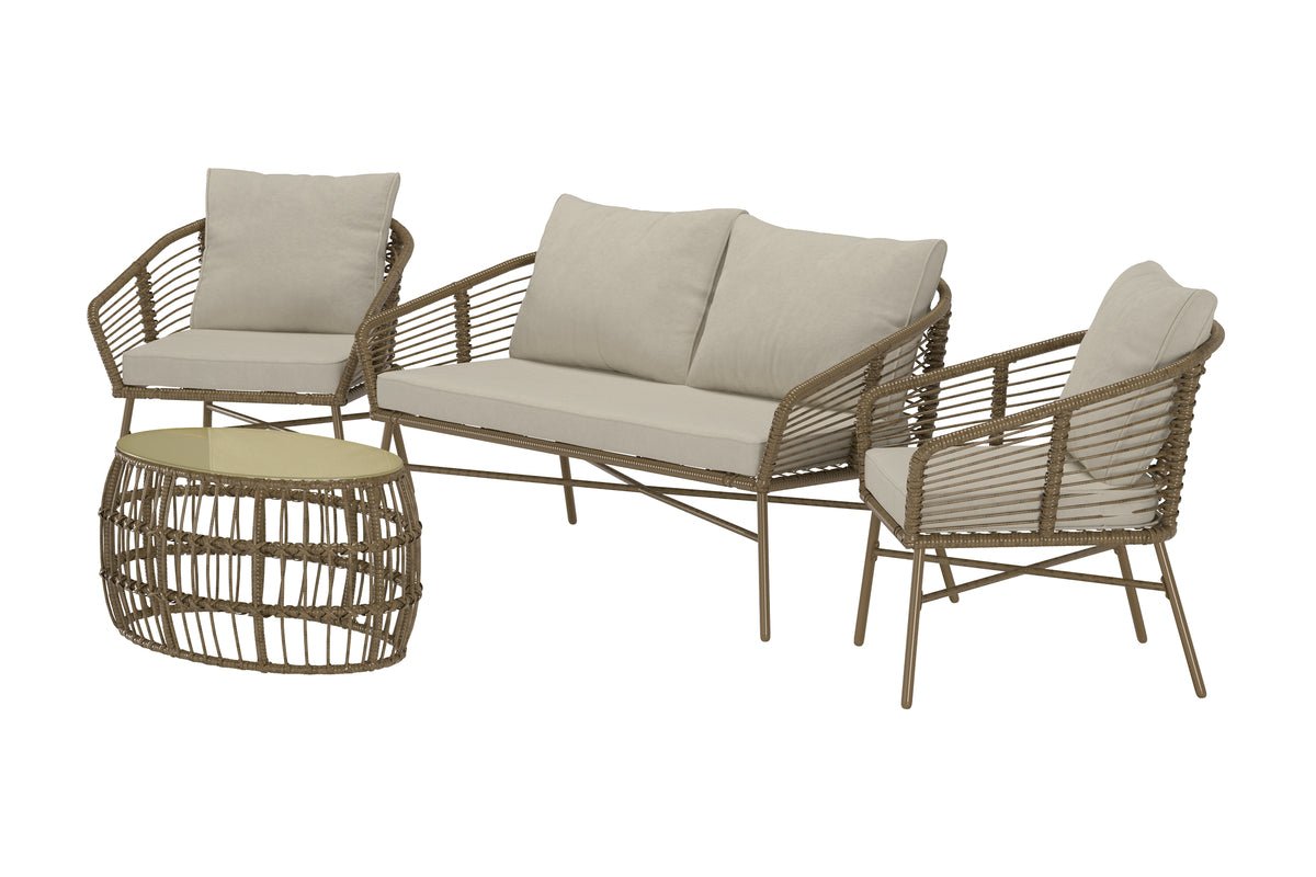Garten Loungeset Anton – in Braun mit Glasplatte & Kissen